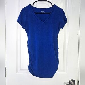 2/$15! Motherhood Maternity Blue V Neck T Shirt With Side Ruching, Size Small